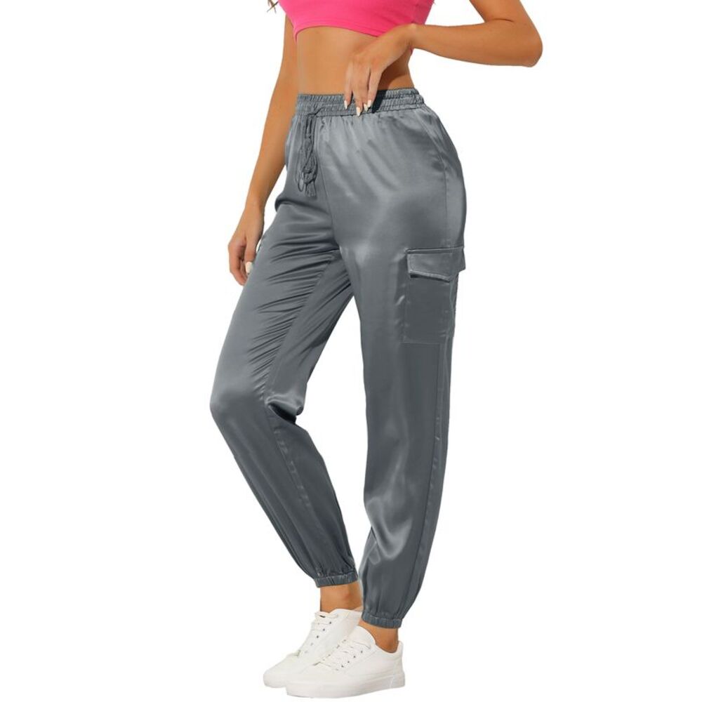 Satin Joggers Drawstring Elastic High Waist Silky Cargo Pants Grey